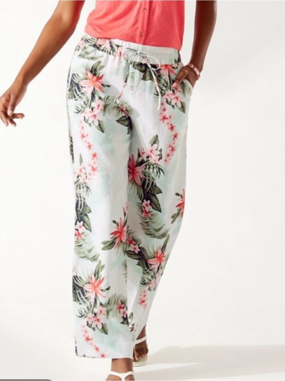 Tommy Bahama White Wide-Leg Floral Drawstring Pants